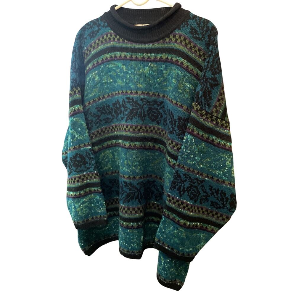 Vintage Stefano International Unisex 90s Knit Sweater Mens XL Blue Green Korea X